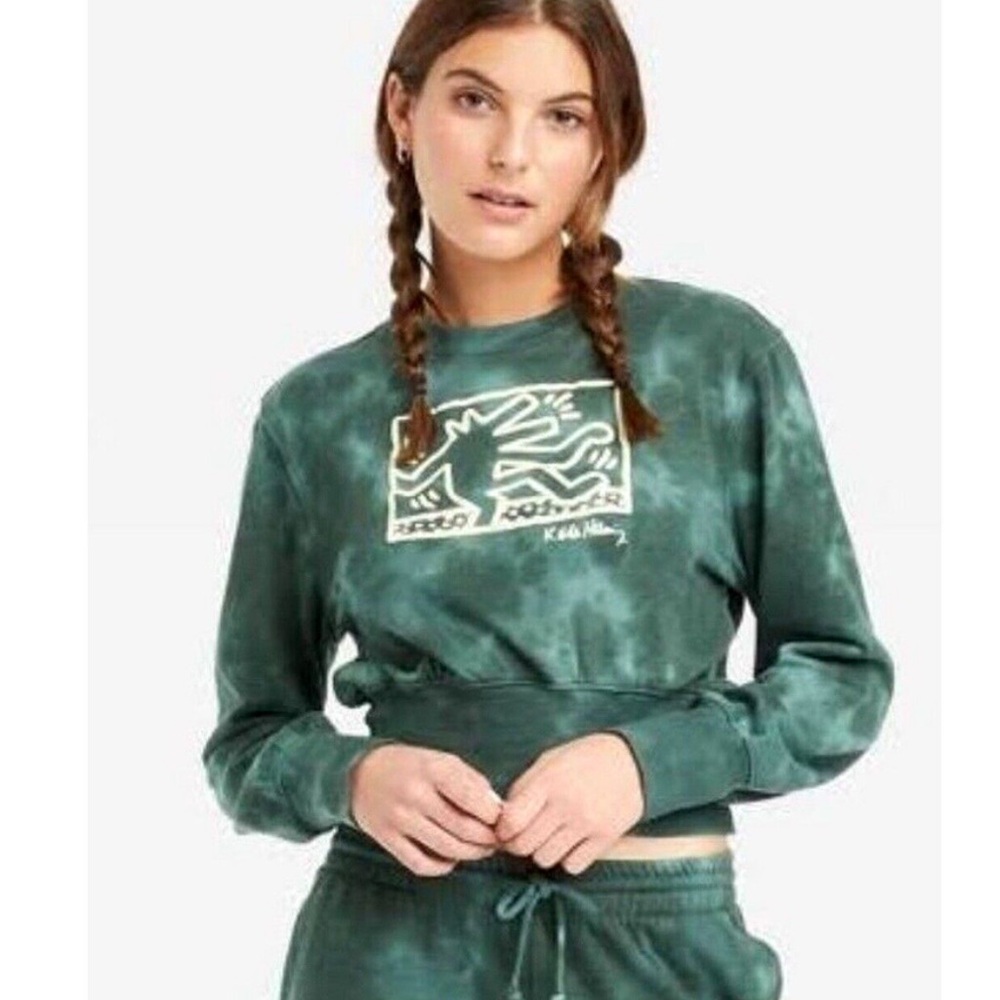 Keith Haring Dancing Dog Green Tie Dye Crop Sweatshirt Jr Sz XXL